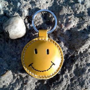 Smiley Face / Happy Face Yellow Leather Keychain