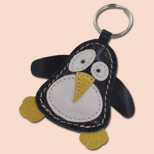 Cute Little Dark Green Penguin Leather Animal Key Ring -